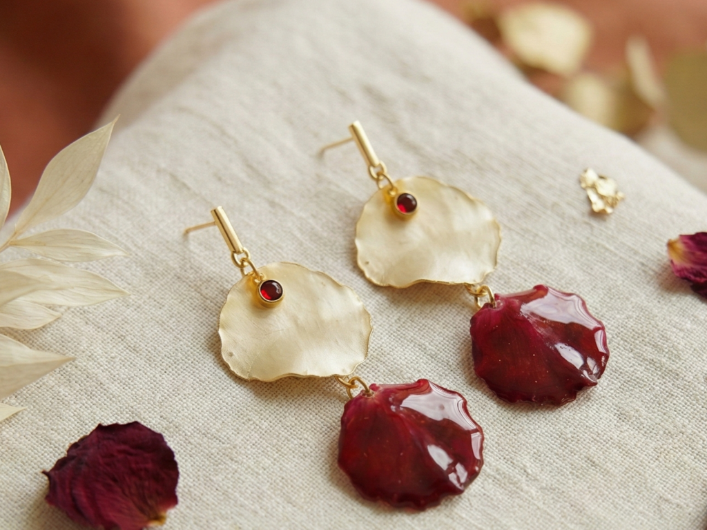 White and Red real rose petal earrings.